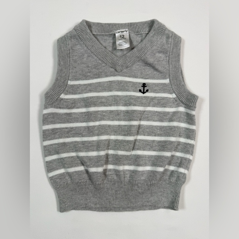 CARTER'S Baby Boys' Grey Nautical Striped Sweater Vest Anchor Coastal Sailor 12M